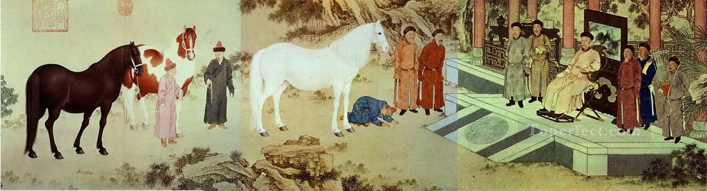ラング輝く馬のアンティーク中国の賛辞油絵